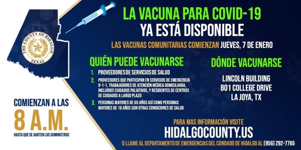 Anuncio del condado Hidalgo sobre la disponibilidad de la vacuna contra el coronavirus.