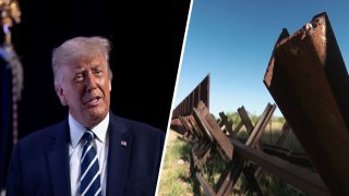 Foto de expresidente Trump y una sección del muro fronterizo.