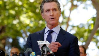 California Governor Gavin Newsom speaks during a news conference regarding the San Jose rail yard shooting in San Jose, California.