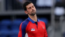 TOKYO, JAPAN - JULY 30: Novak Djokovic of Team Serbia reacts after a point during his Men's Singles Semifinal match against Alexander Zverev of Team Germany on day seven of the Tokyo 2020 Olympic Games at Ariake Tennis Park on July 30, 2021 in Tokyo, Japan. (Photo by Clive Brunskill/Getty Images)