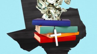 Graphic depicting the state of Texas, Christian education and money.