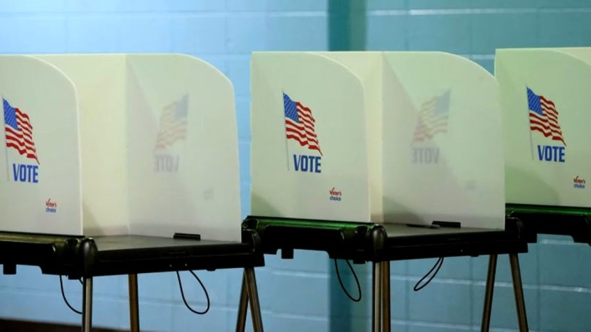 voting polls with white privacy screens and an American flag image on the side