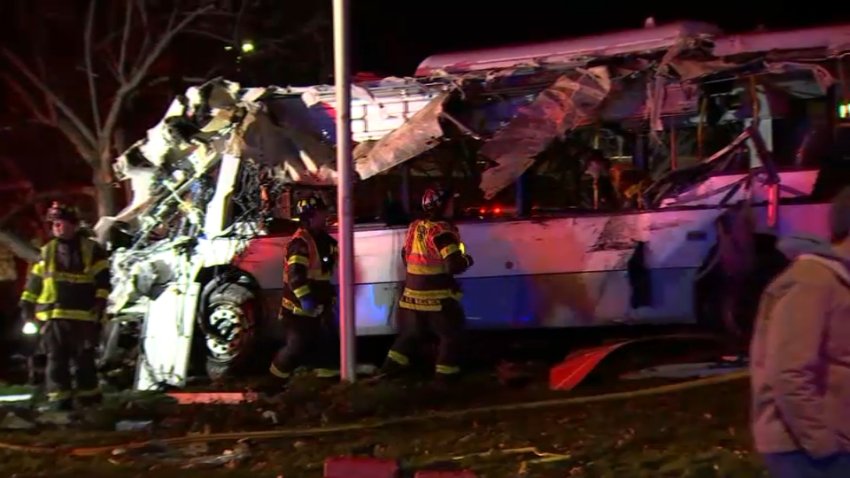 Authorities responding to bus rollover in Waltham, Massachusetts, Saturday night.