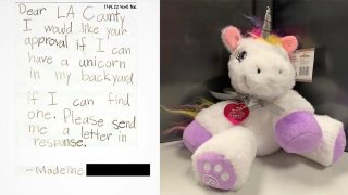 LA County Animal Care and Control shared a photo of a letter from a girl requesting a license for her unicorn, if she can find one.