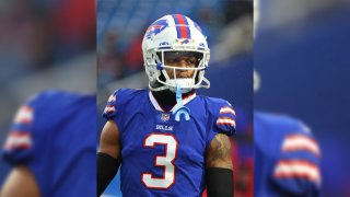 Damar Hamlin of the Buffalo Bills on the field before a game against the New York Jets at Highmark Stadium in Orchard Park, New York, on Dec. 11, 2022.