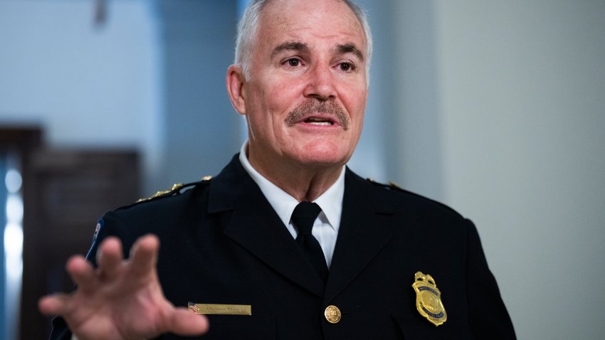 Capitol Police Chief J. Thomas Manger speaks with the media after testifying during the Senate Rules and Administration Committee hearing titled Oversight of the U.S. Capitol Police following the January 6th Attack on the Capitol, Part II, in Russell Building on Wednesday, January 5, 2022. (Photo By Tom Williams/CQ-Roll Call, Inc via Getty Images)