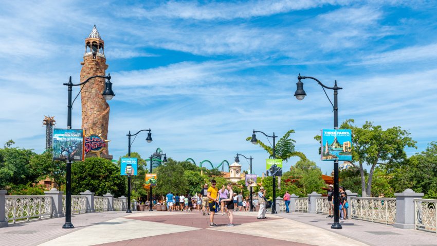 Entrance bridge to Islands of Adventure at Universal Orlando. (Photo by Roberto Machado Noa/LightRocket via Getty Images)