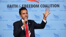 Republican presidential candidate businessman Vivek Ramaswamy speaks to guests at the Iowa Faith & Freedom Coalition Spring Kick-Off on April 22, 2023 in Clive, Iowa.