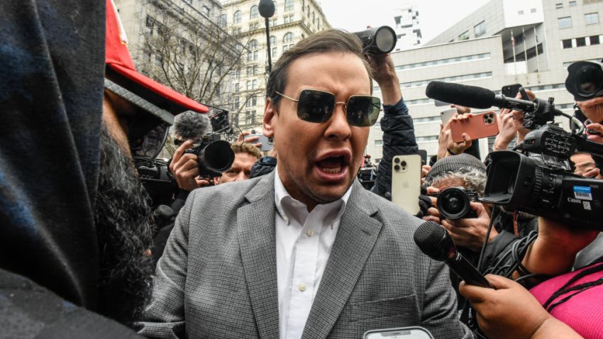 Representative George Santos, a Republican from New York, speaks to members of the media outside criminal court in New York, US, on Tuesday, April 4, 2023. Donald Trump, the first former US president to be indicted, will plead not guilty when he appears in a Manhattan state court Tuesday to face criminal charges, his defense lawyer said. Photographer: Stephanie Keith/Bloomberg via Getty Images