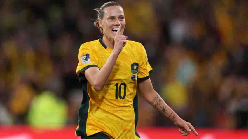 BRISBANE, AUSTRALIA – JULY 27: Emily Van-Egmond of Australia celebrates after scoring her team’s first goal during the FIFA Women’s World Cup Australia & New Zealand 2023 Group B match between Australia and Nigeria at Brisbane Stadium on July 27, 2023 in Brisbane / Meaanjin, Australia. (Photo by Elsa – FIFA/FIFA via Getty Images)