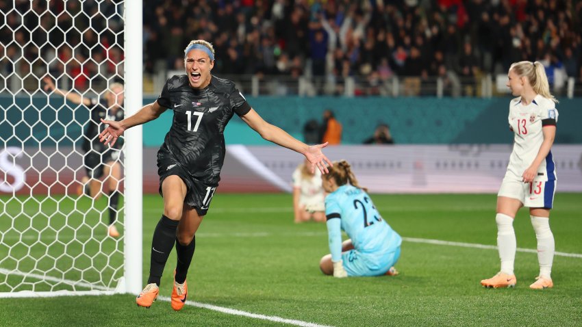 AUCKLAND, NEW ZEALAND – JULY 20: Hannah Wilkinson of New Zealand celebrates after scoring her team’s first goal during the FIFA Women’s World Cup Australia & New Zealand 2023 Group A match between New Zealand and Norway at Eden Park on July 20, 2023 in Auckland, New Zealand. (Photo by Phil Walter/Getty Images)