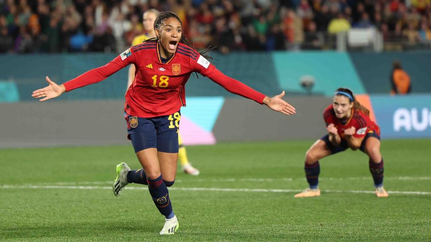 AUCKLAND, NEW ZEALAND – AUGUST 15: Salma Paralluelo of Spain celebrates after scoring her team’s first goal during the FIFA Women’s World Cup Australia & New Zealand 2023 Semi Final match between Spain and Sweden at Eden Park on August 15, 2023 in Auckland, New Zealand. (Photo by Phil Walter/Getty Images)