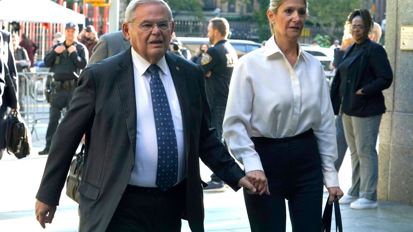 US Senator Bob Menendez, Democrat of New Jersey, and his wife Nadine Arslanian, arrive at the US District Court, Southern District of New York, in New York City on September 27, 2023. Federal prosecutors charged Menendez and Arslanian, on September 22, 2023, with bribery and extortion, saying gold bars and hundreds of thousands of dollars in cash had been found at their home. In one of several allegations, the Justice Department said Menendez had provided sensitive information to the Egyptian government in order to help an Egyptian-American businessman protect his monopoly.