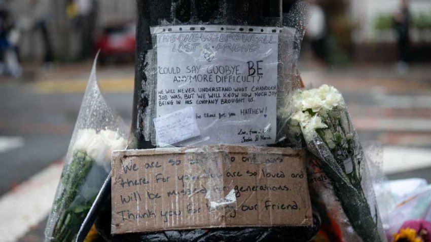 Floral tributes are left for actor Matthew Perry outside the apartment building which was used as the exterior shot in the TV show “Friends” in New York on October 29, 2023. Perry, 54, was known globally for his portrayal of wise-cracking character Chandler Bing on the wildly popular “Friends,” which ran for 10 seasons from 1994 to 2004. First responders found Perry unconscious in a hot tub at his house on October 28 and were unable to revive him, law enforcement sources told the Los Angeles Times. Police confirmed they’d mounted a “death investigation for a male in his 50s.” (Photo by Adam GRAY / AFP) (Photo by ADAM GRAY/AFP via Getty Images)