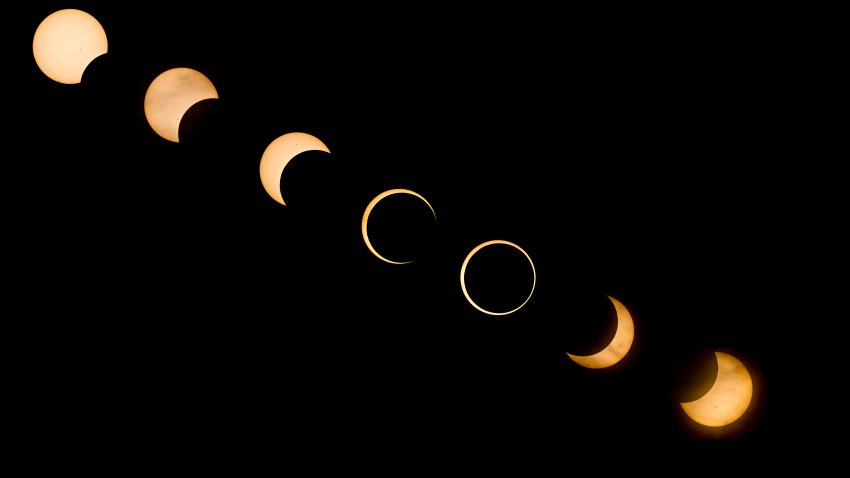 USA, California, Redding, Digital composite view of annular solar eclipse on May 20, 2012. Seven separate exposures were made twenty minutes apart and combined into one image.