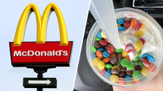 Foto de un helado Mcflurry de Mcdonald's y y el signo exterior del restaurante Mcdonald's.