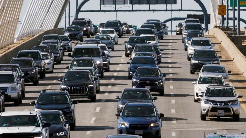 Heavy traffic heads south on Interstate 93 over the Zakim Bridge on Sept. 1, 2023, in Boston.