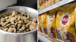 Foto de archivo de comida de perro y una foto de bolsas de comida de Pedigree.