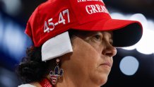 MILWAUKEE, WISCONSIN - JULY 17: Arizona delegate Stacy Goodman wears a 'bandage' on her ear on the third day of the Republican National Convention at the Fiserv Forum on July 17, 2024 in Milwaukee, Wisconsin. Delegates, politicians, and the Republican faithful are in Milwaukee for the annual convention, concluding with former President Donald Trump accepting his party's presidential nomination. The RNC takes place from July 15-18.  (Photo by Joe Raedle/Getty Images)