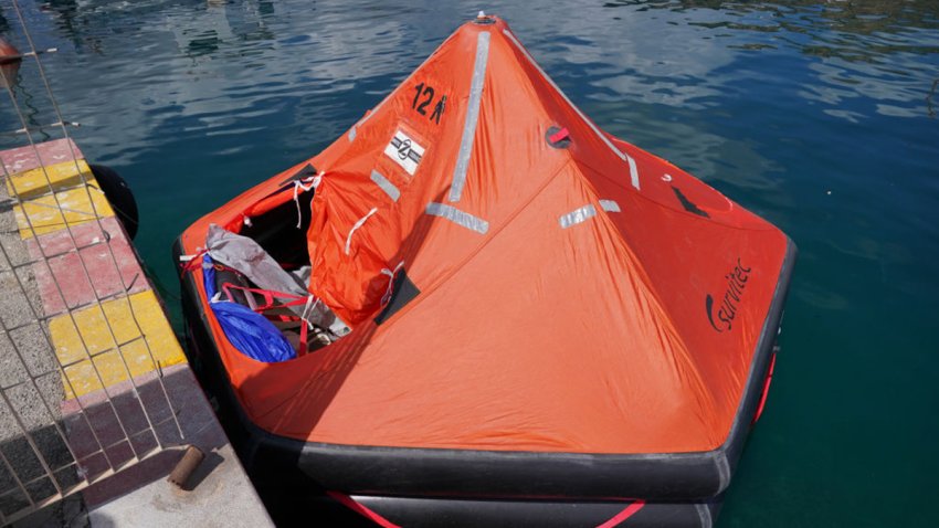 A rapid inflatable emergency lifeboat in Porticello Harbour on the Sicilian coast where the search continues for British technology tycoon Mike Lynch and his daughter Hannah, who are among six tourists missing after a luxury yacht sank in a tornado off the coast of Sicily. The pair are among six tourists missing after the yacht, named Bayesian, was battered during intense storms off the coast of Palermo in the early hours of Monday. Picture date: Tuesday August 20, 2024. (Photo by Jonathan Brady/PA Images via Getty Images)