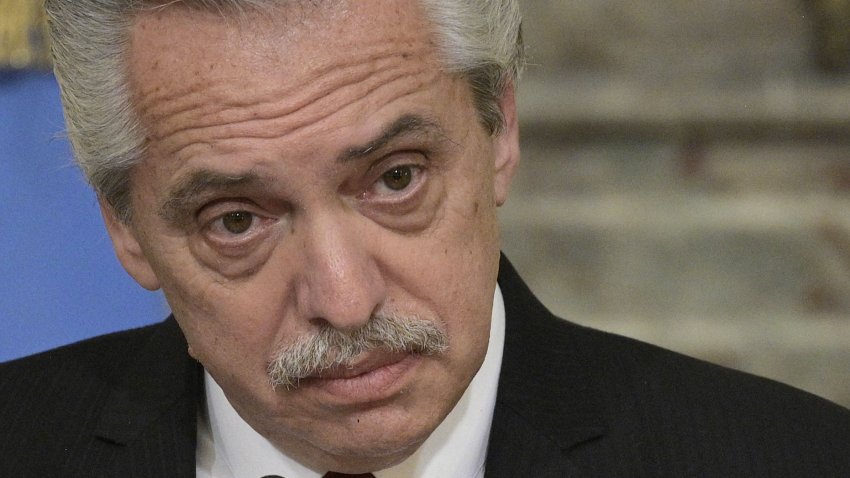 Argentine President Alberto Fernandez gestures during an official ceremony at Casa Rosada on April 25, 2023. The complaint of gender violence against former President Alberto Fernandez by his ex-partner on August 6, with the publication in the local press of alleged chats and photos showing the former First Lady with bruises, shocks Argentina and has unleashed a deep crisis in the now-opposition. Criticism of Fernandez also came from her own political space. His former vice president, Cristina Kirchner, wrote in X that, beyond the fact that Fernandez “was not a good president,” the images released reveal “something else.” (Photo by JUAN MABROMATA / AFP) (Photo by JUAN MABROMATA/AFP via Getty Images)