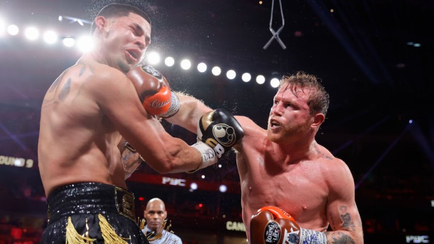 LAS VEGAS, NEVADA – SEPTEMBER 14: WBC/WBA/WBO super middleweight champion Canelo Alvarez (R) punches Edgar Berlanga during the ninth round of a title fight at T-Mobile Arena on September 14, 2024 in Las Vegas, Nevada. (Photo by Steve Marcus/Getty Images)