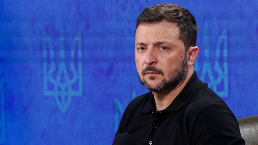 President of Ukraine Volodymyr Zelenskyy talks to the media in Kyiv, Ukraine, on August 27, 2024. Ukrainian authorities gather for a media conference amid Russia’s attack on Ukraine. (Photo by Sergii Kharchenko/NurPhoto via Getty Images)