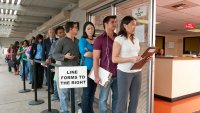 unemployment line, people out of work looking for a job