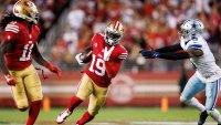 SANTA CLARA, CALIFORNIA – OCTOBER 08: Deebo Samuel #19 of the San Francisco 49ers runs the ball after a catch during an NFL football game against the Dallas Cowboys at Levi’s Stadium on October 8, 2023 in Santa Clara, California. (Photo by Ryan Kang/Getty Images)