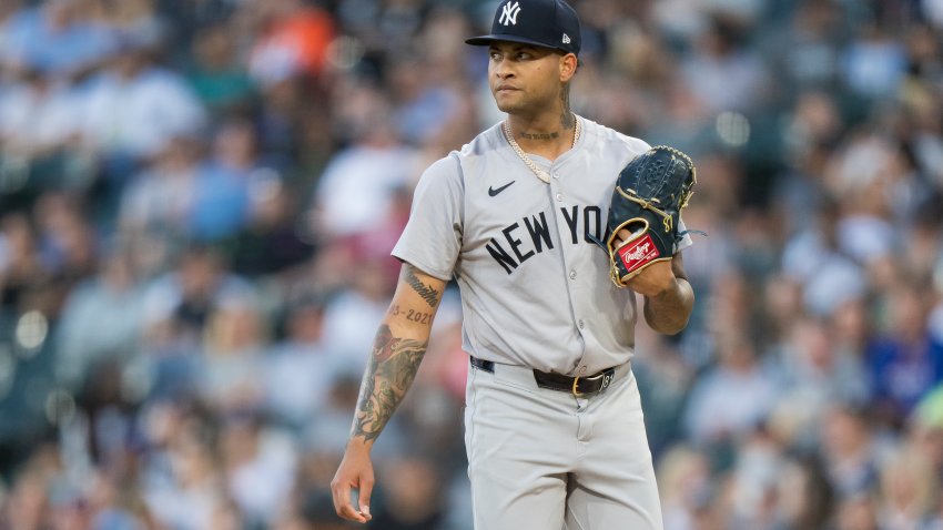 CHICAGO, ILLINOIS – AUGUST 12: Luis Gil of the New York Yankees looks on in a game against the Chicago White Sox at Guaranteed Rate Field on August 12, 2024 in Chicago, Illinois. (Photo by Matt Dirksen/Getty Images)