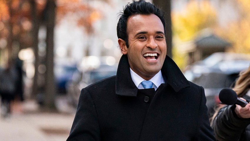 Vivek Ramaswamy, chairman and co-founder of Strive Asset Management, arrives to meet with lawmakers on Capitol Hill in Washington, DC, US, on Thursday, Dec. 5, 2024. Elon Musk claims he can cut $2 trillion from the $6.75 trillion annual federal budget, but in order to do that, he’d need to cut mandatory programs like Social Security or Medicare, something Trump has said he won’t do. Photographer: Al Drago/Bloomberg via Getty Images