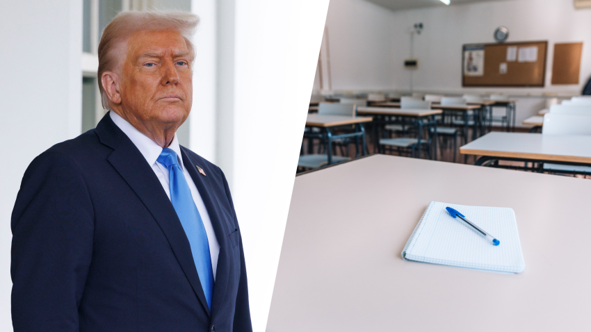 Foto de archivo del presidente Donald Trump y una aula de una escuela.