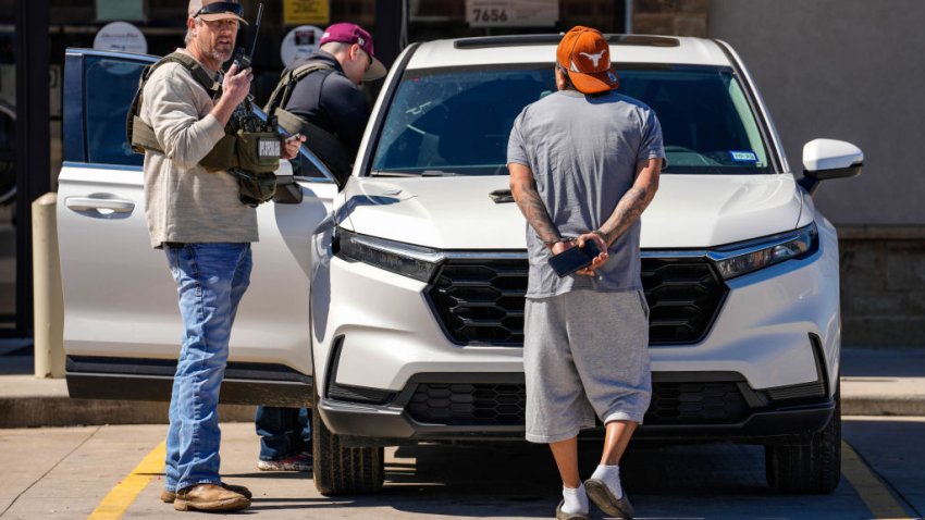 COLONY RIDGE – FEBRUARY 24: A man is detained by Federal agents as ICE conducts raids on Monday, Feb. 24, 2025 in Colony Ridge. (Raquel Natalicchio/Houston Chronicle via Getty Images)