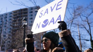 Empleados despedidos de NOAA protestan frente a la sede de la repartición federal en Silver Spring, en Maryland, este lunes.