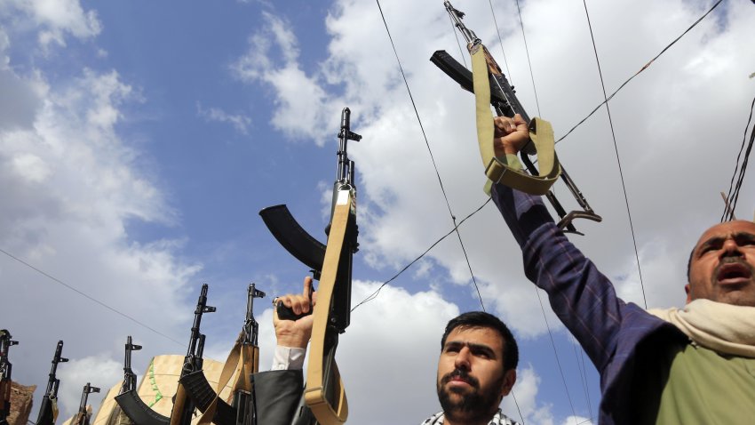 SANAA, YEMEN – MARCH 11: Houthi-supporters gather in Sanaa, to protest against the United States and Israel with a parade, on March 11, 2025 in Yemen. (Photo by Mohammed Hamoud/Anadolu via Getty Images)