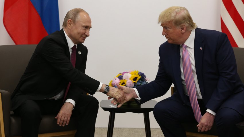 OSAKA, JAPAN – JUNE,28 (RUSSIA OUT) U.S. President Donald Trump (R) greets Russian President Vladimir Putin (L) during their bilateral meeting at the G20 Osaka Summit 2019, in Osaka, Japan, June,28,2019. Vladimir Putin has arrived to Japan to partcipate the G20 Osaka Summit and to meet U.S.President Donald Trump.  (Photo by Mikhail Svetlov/Getty Images)