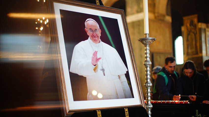A picture of Pope Francis on display in Westminster Cathedral in Victoria, London, following the announcement by the Vatican of his death aged 88. Issue date: Monday April 21, 2025. (Photo by James Manning/PA Images via Getty Images)