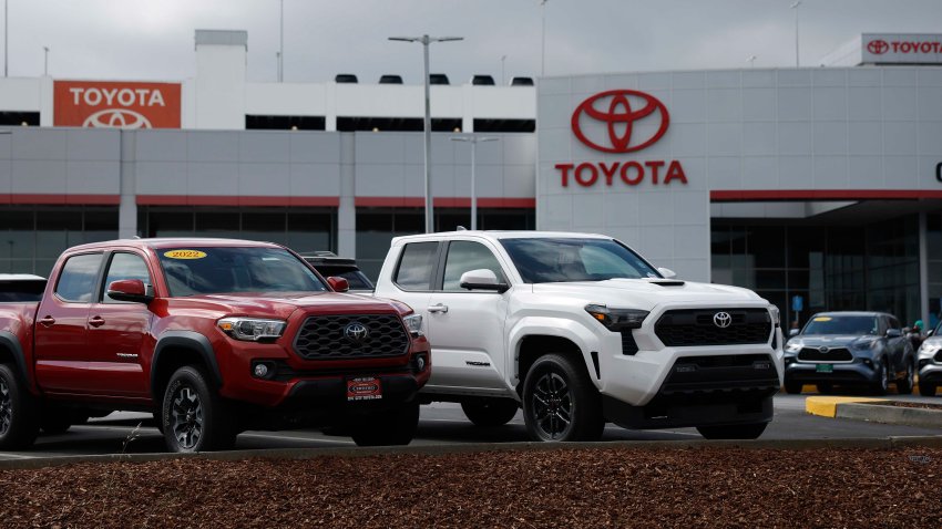 DALY CITY, CALIFORNIA – MARCH 26: Brand new Toyota trucks are displayed on the sales lot at City Toyota on March 26, 2025 in Daly City, California. U.S. President Donald Trump is set to announce today his plan for tariffs on automobiles shipped to the United States. (Photo by Justin Sullivan/Getty Images)
