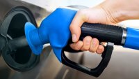Hand holds gas pump handle